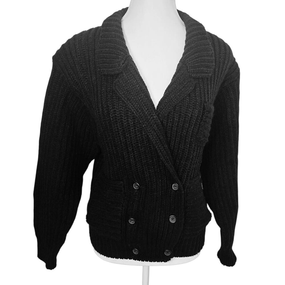 Vintage Donagain Black Knit Sweater Womens Medium Button V Neck Cozy Grandma